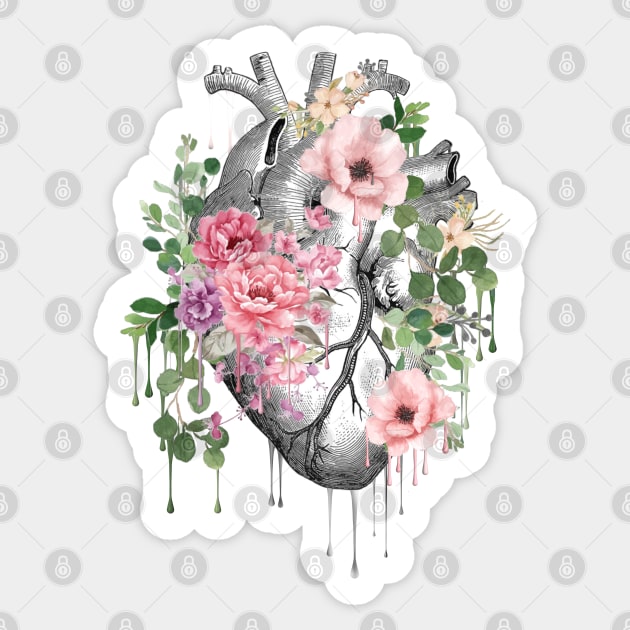 Heart Human Anatomy pink flowers and green leaves Sticker by Collagedream